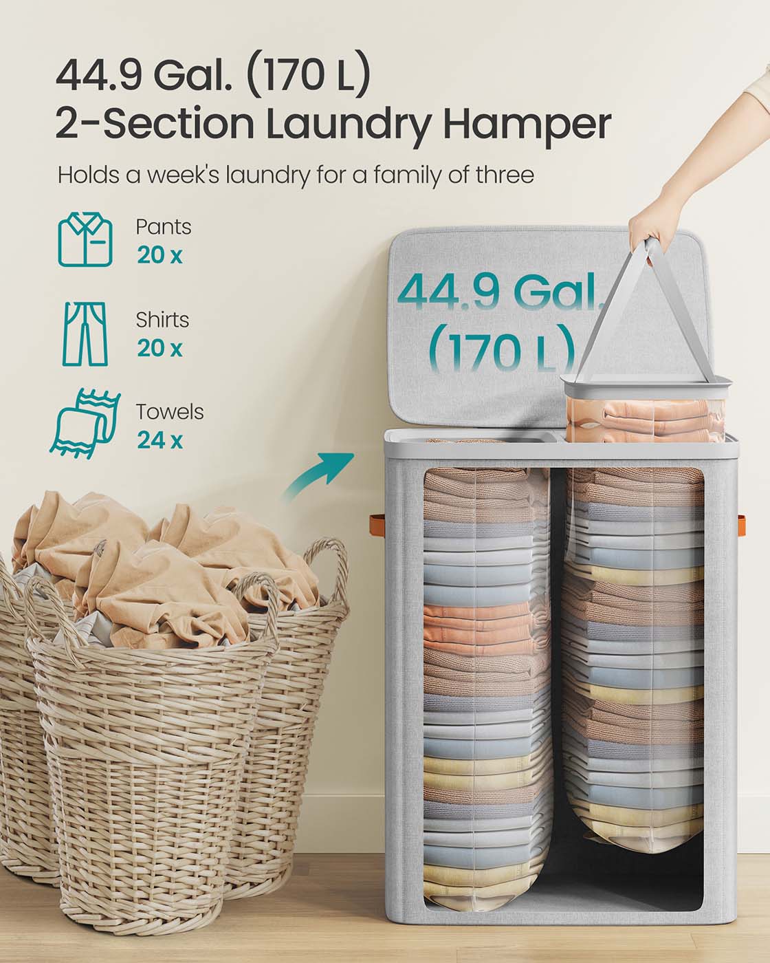 Laundry Basket – Polyester – Ink Black – Dual Compartment with Removable Liners and Lid