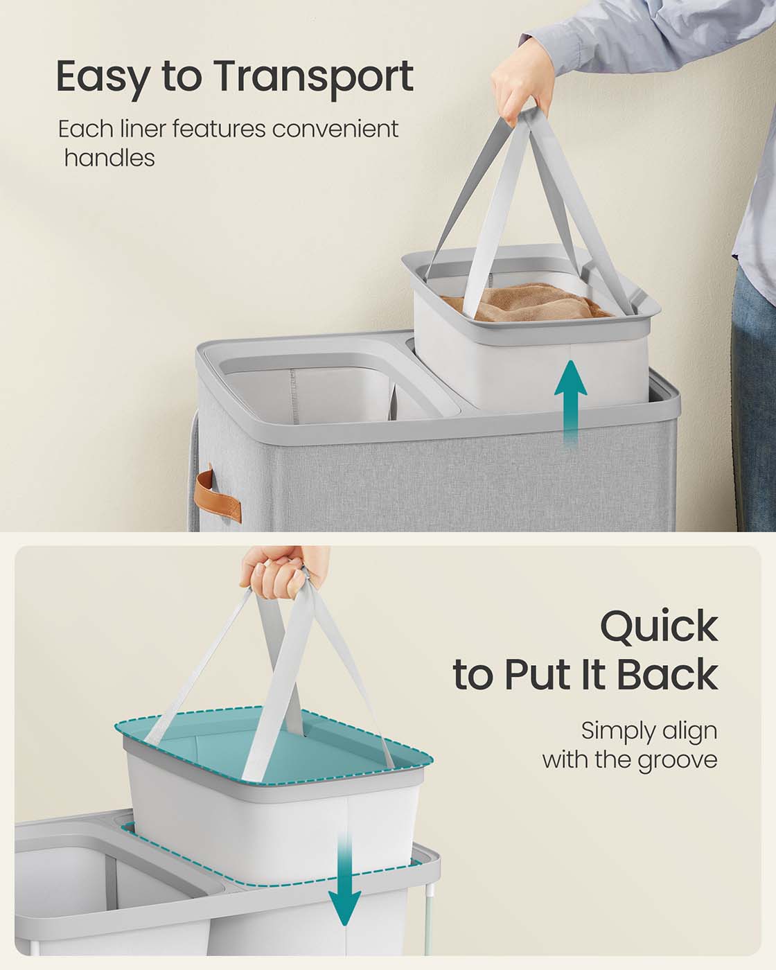 Laundry Basket – Polyester – Ink Black – Dual Compartment with Removable Liners and Lid