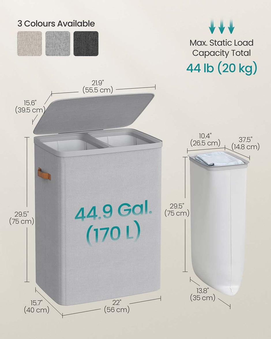 Laundry Basket – Polyester – Ink Black – Dual Compartment with Removable Liners and Lid