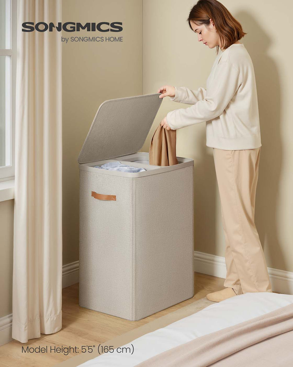 Laundry Basket – Polyester – Ink Black – Dual Compartment with Removable Liners and Lid