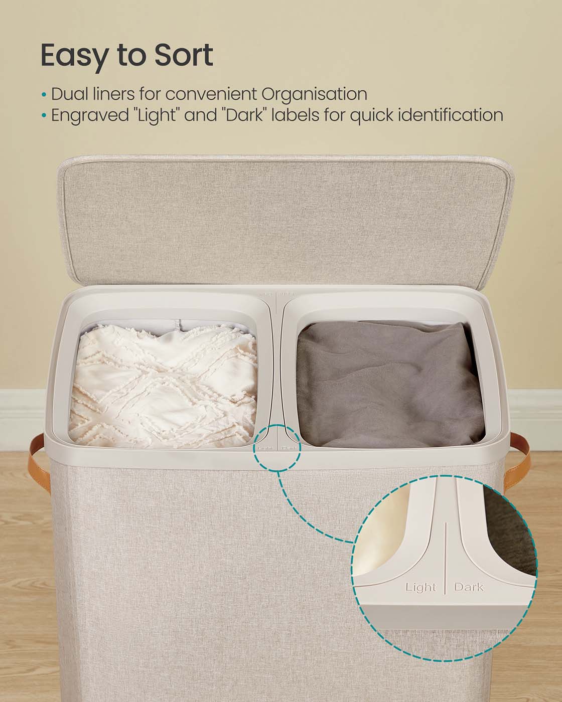 Laundry Basket – Polyester – Ink Black – Dual Compartment with Removable Liners and Lid