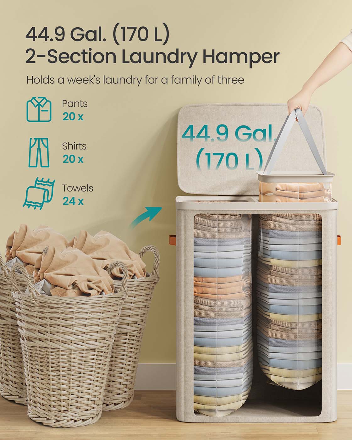 Laundry Basket – Polyester – Ink Black – Dual Compartment with Removable Liners and Lid