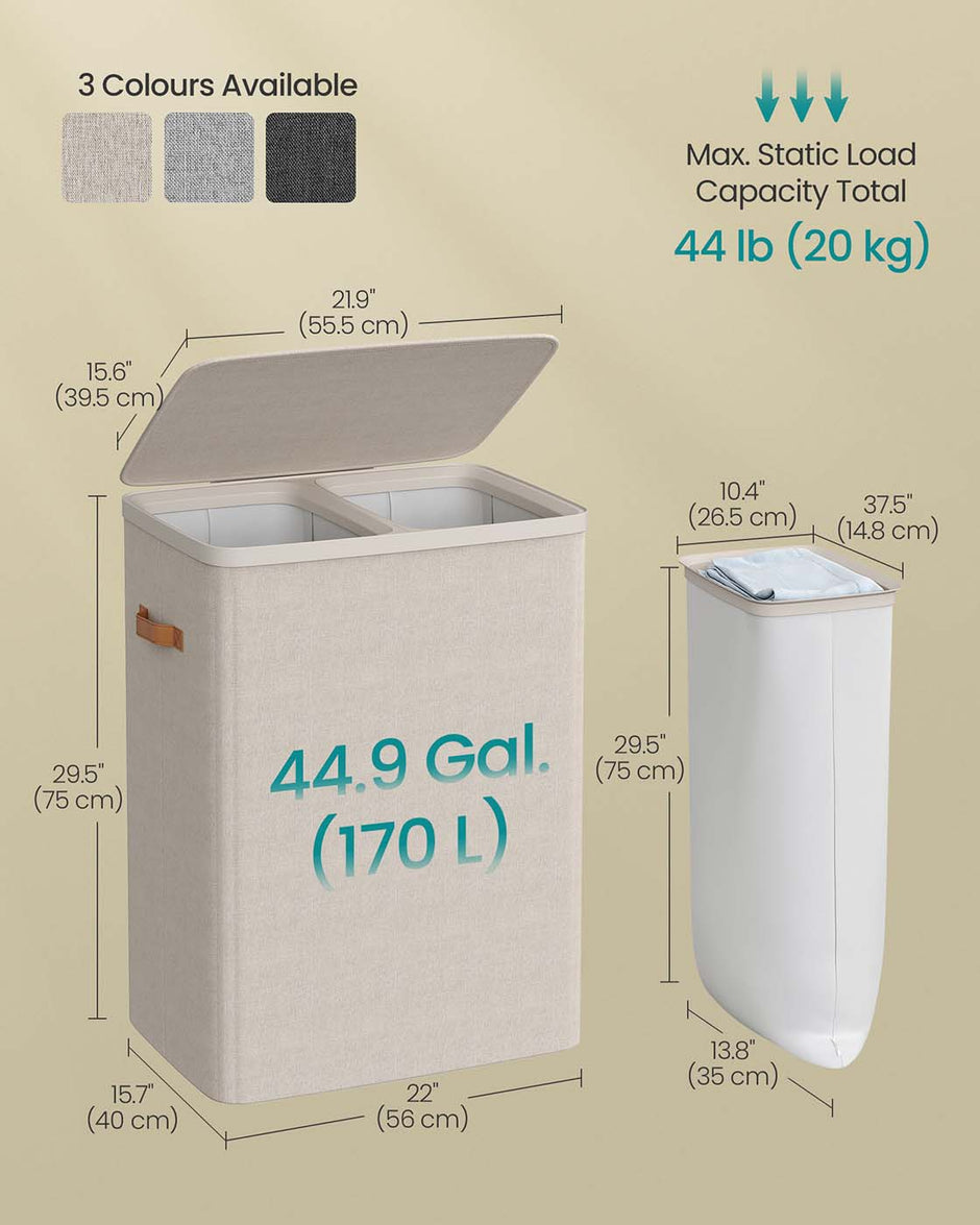 Laundry Basket – Polyester – Ink Black – Dual Compartment with Removable Liners and Lid