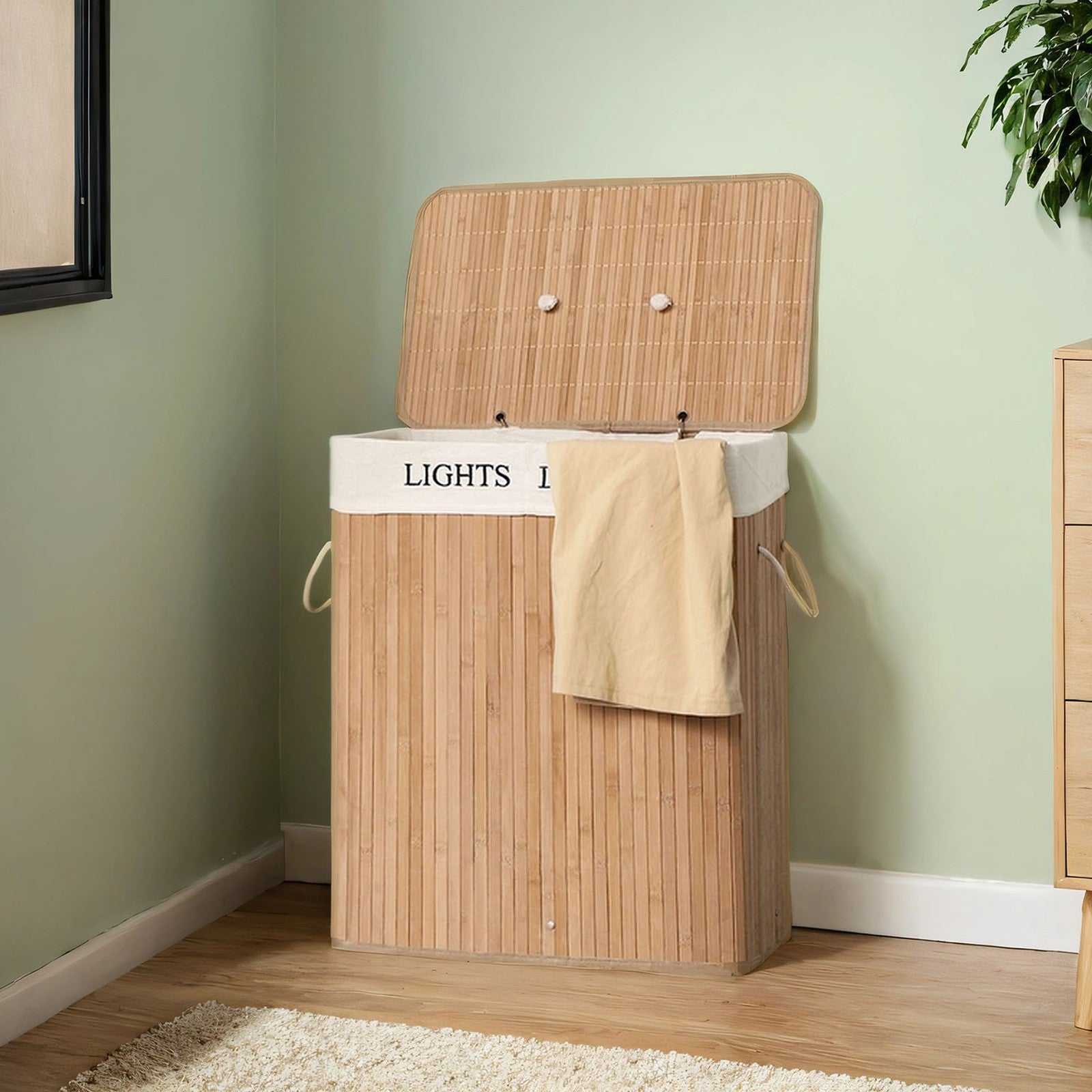 Bamboo Laundry Hamper – Natural – Two-Section with Detachable Liner and Handles