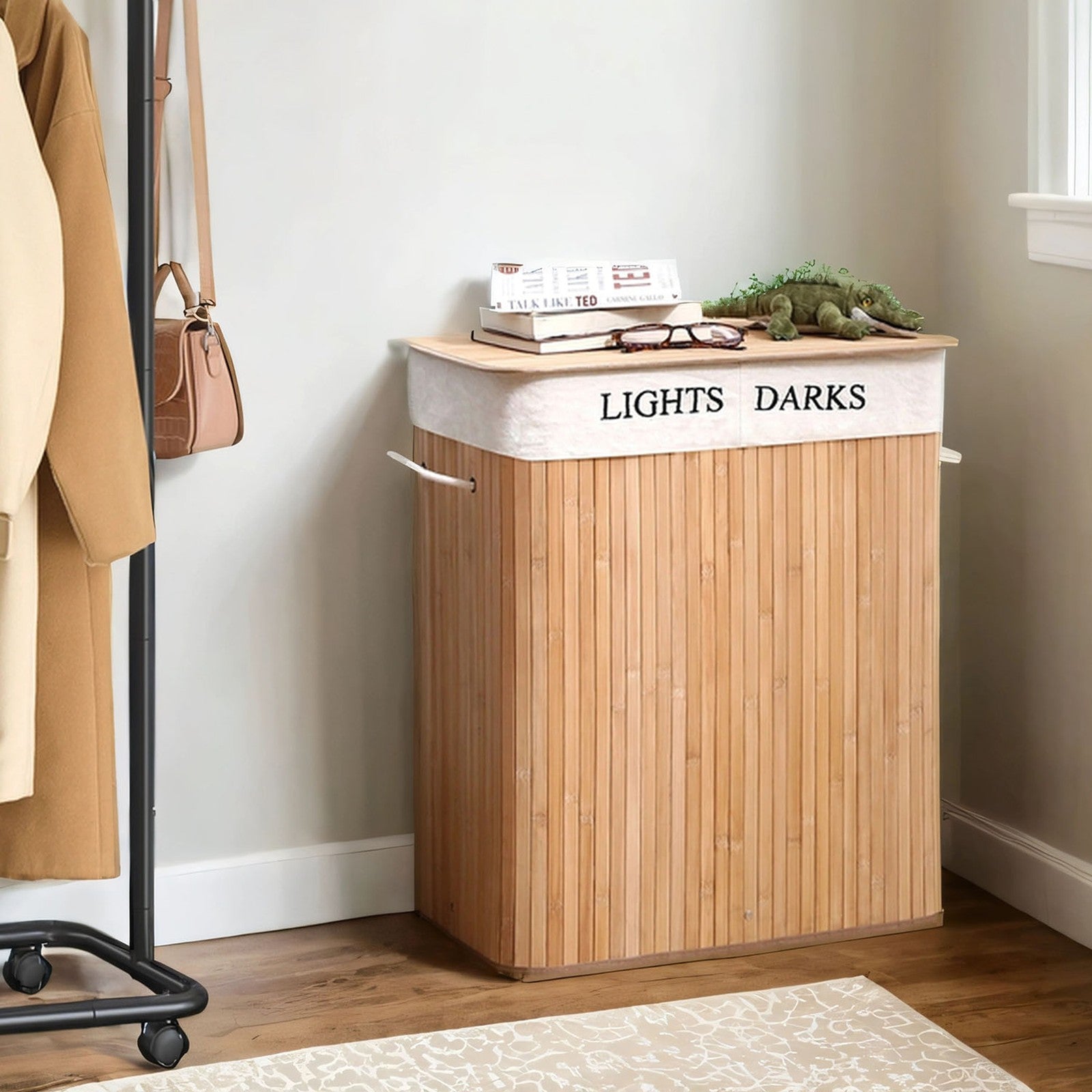 Bamboo Laundry Hamper – Natural – Two-Section with Detachable Liner and Handles