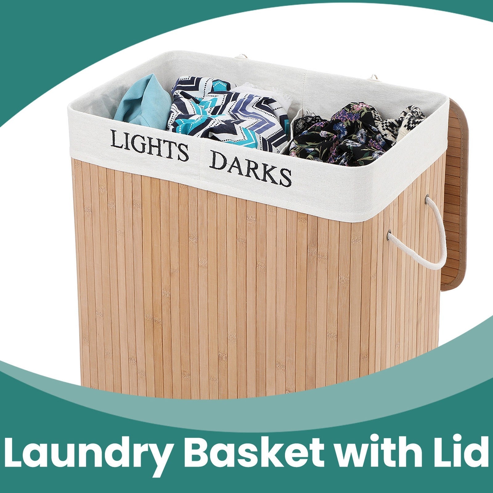 Bamboo Laundry Hamper – Natural – Two-Section with Detachable Liner and Handles