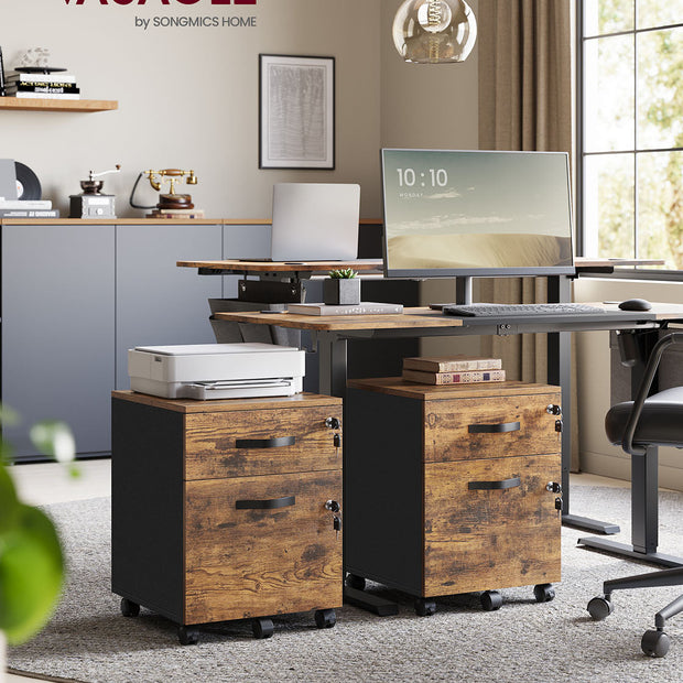 Rolling Filing Cabinet – Wood – Rustic Brown and Ink Black – Lockable with 2 Drawers and Adjustable Hanging Rails
