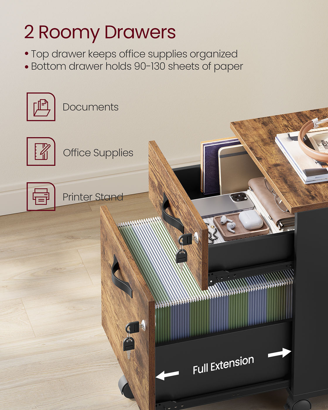 Rolling Filing Cabinet – Wood – Rustic Brown and Ink Black – Lockable with 2 Drawers and Adjustable Hanging Rails