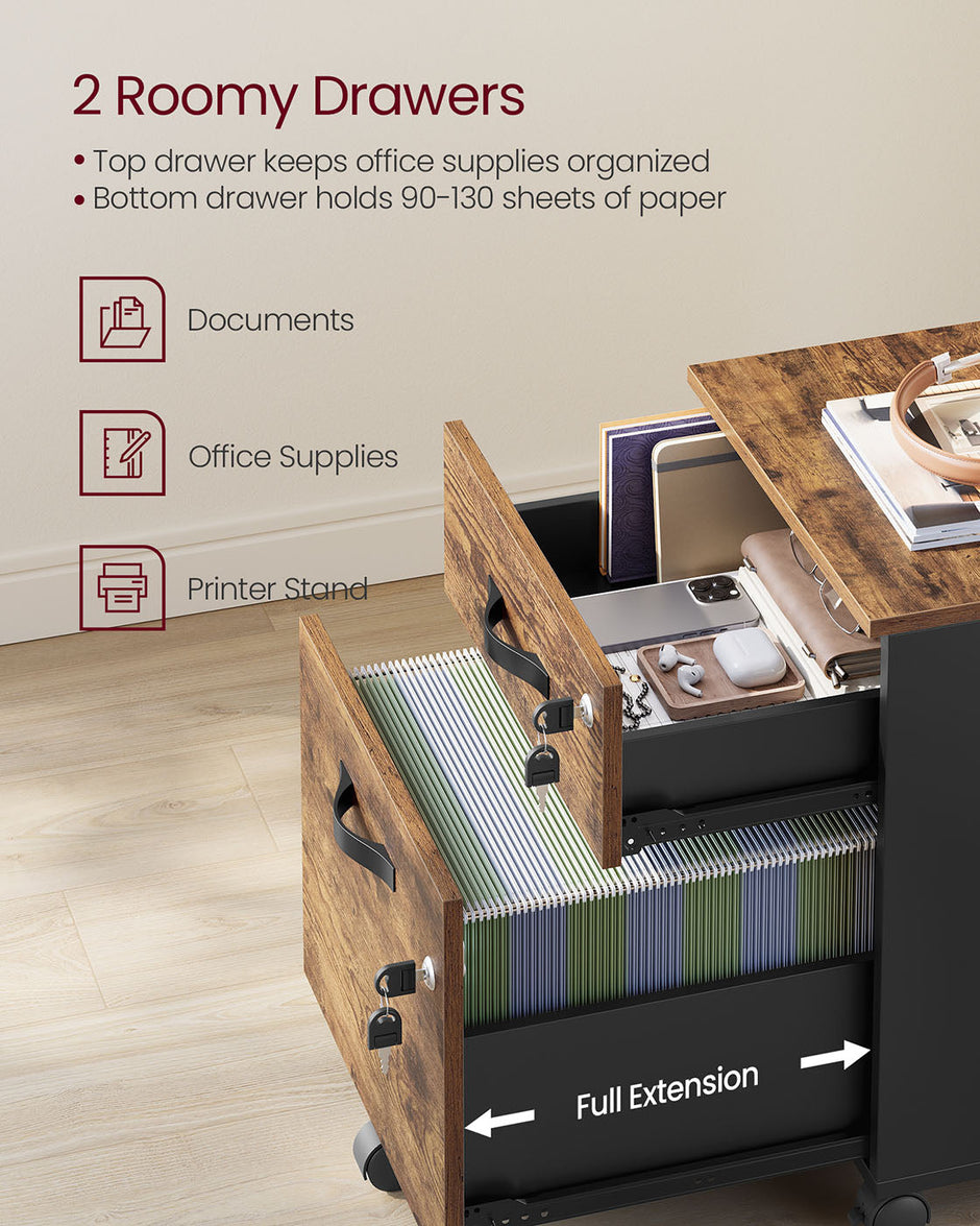 Rolling Filing Cabinet – Wood – Rustic Brown and Ink Black – Lockable with 2 Drawers and Adjustable Hanging Rails