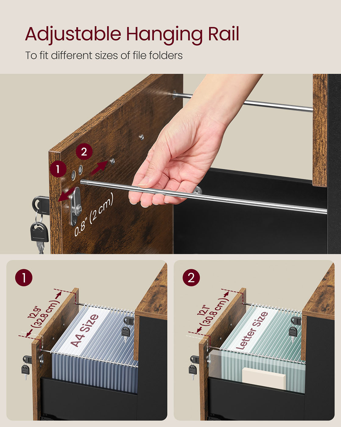 Rolling Filing Cabinet – Wood – Rustic Brown and Ink Black – Lockable with 2 Drawers and Adjustable Hanging Rails