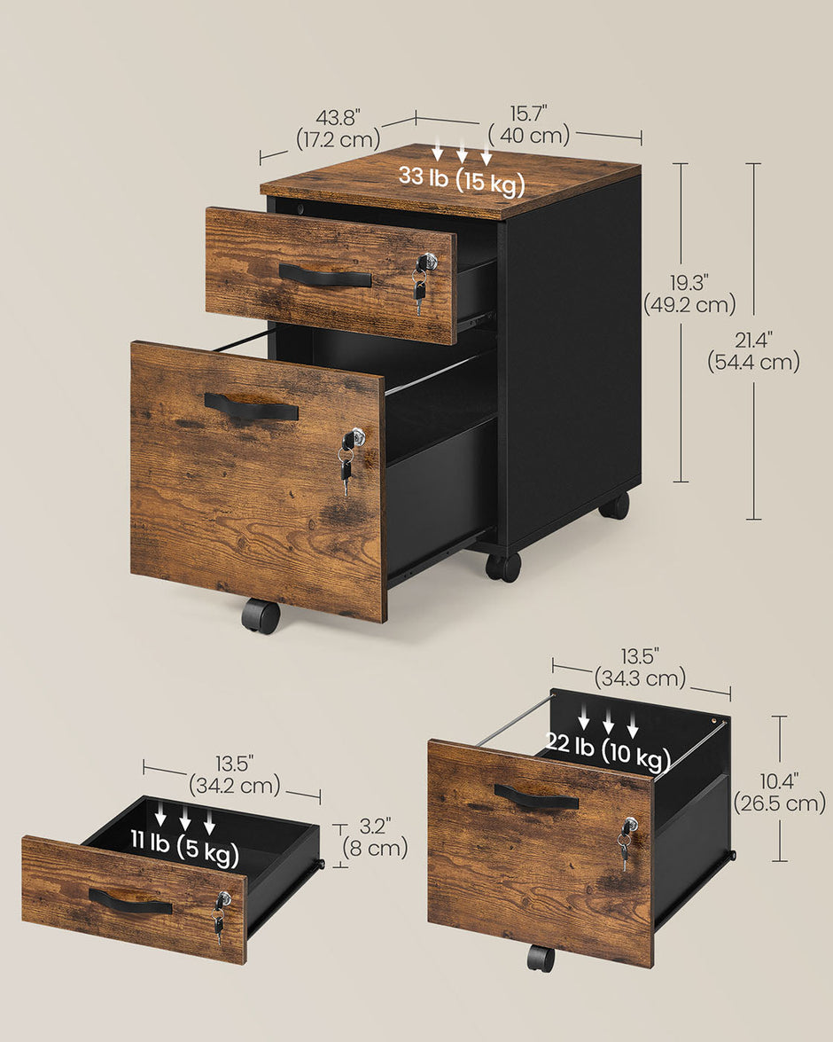 Rolling Filing Cabinet – Wood – Rustic Brown and Ink Black – Lockable with 2 Drawers and Adjustable Hanging Rails