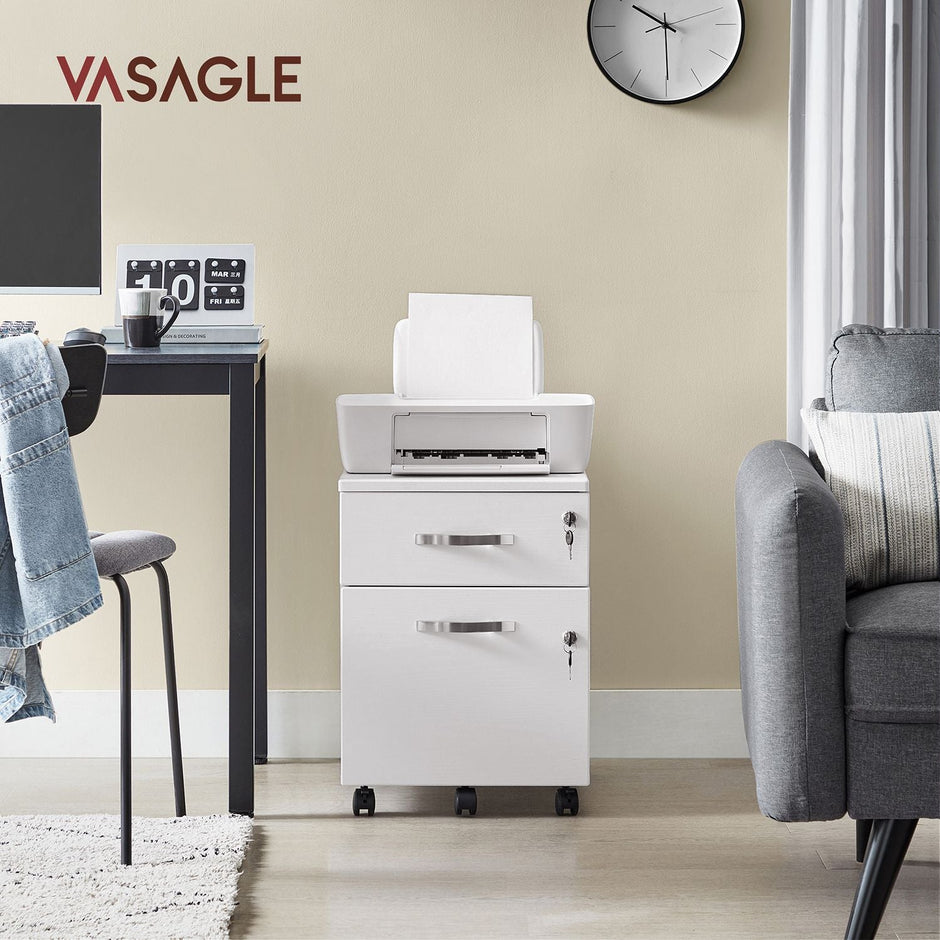 Lockable File Cabinet – Wood – White – 2 Drawers with Wheels and Adjustable Hanging Rails