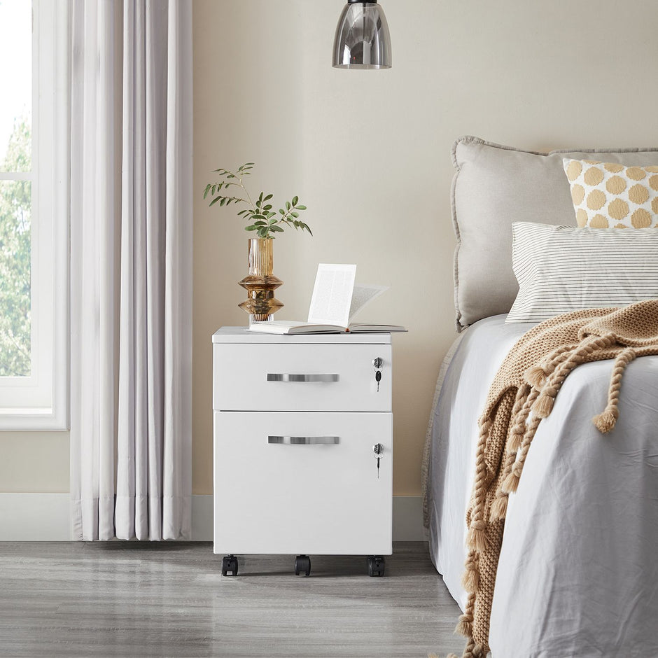 Lockable File Cabinet – Wood – White – 2 Drawers with Wheels and Adjustable Hanging Rails