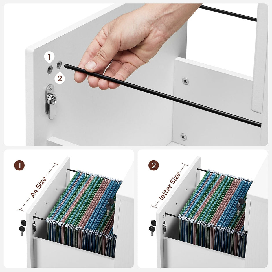 Lockable File Cabinet – Wood – White – 2 Drawers with Wheels and Adjustable Hanging Rails