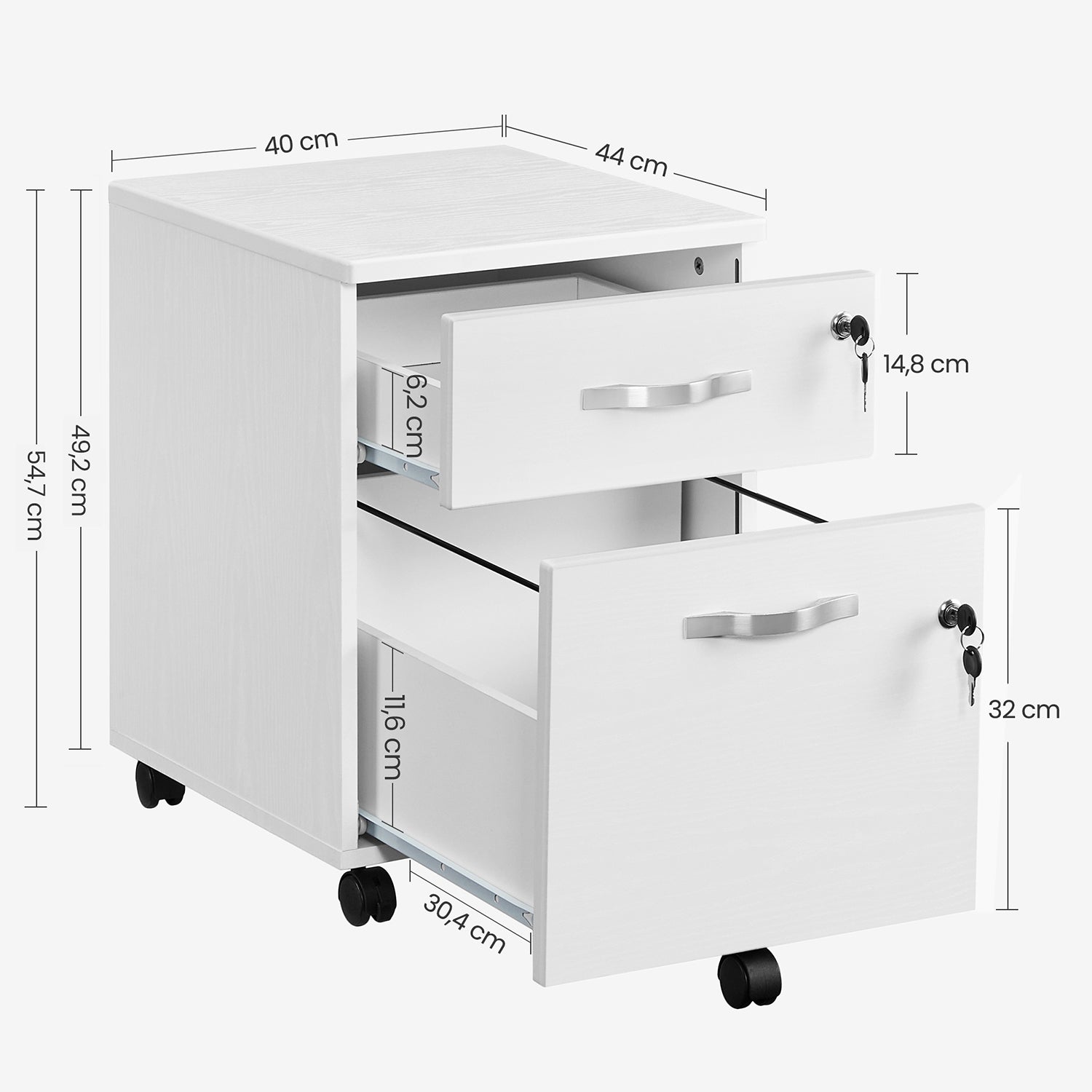 Lockable File Cabinet – Wood – White – 2 Drawers with Wheels and Adjustable Hanging Rails