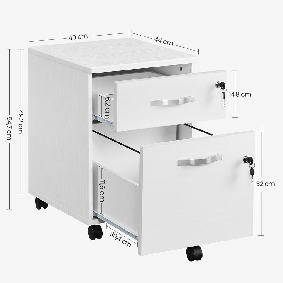 Lockable File Cabinet – Wood – White – 2 Drawers with Wheels and Adjustable Hanging Rails