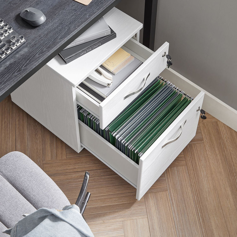 Lockable File Cabinet – Wood – White – 2 Drawers with Wheels and Adjustable Hanging Rails
