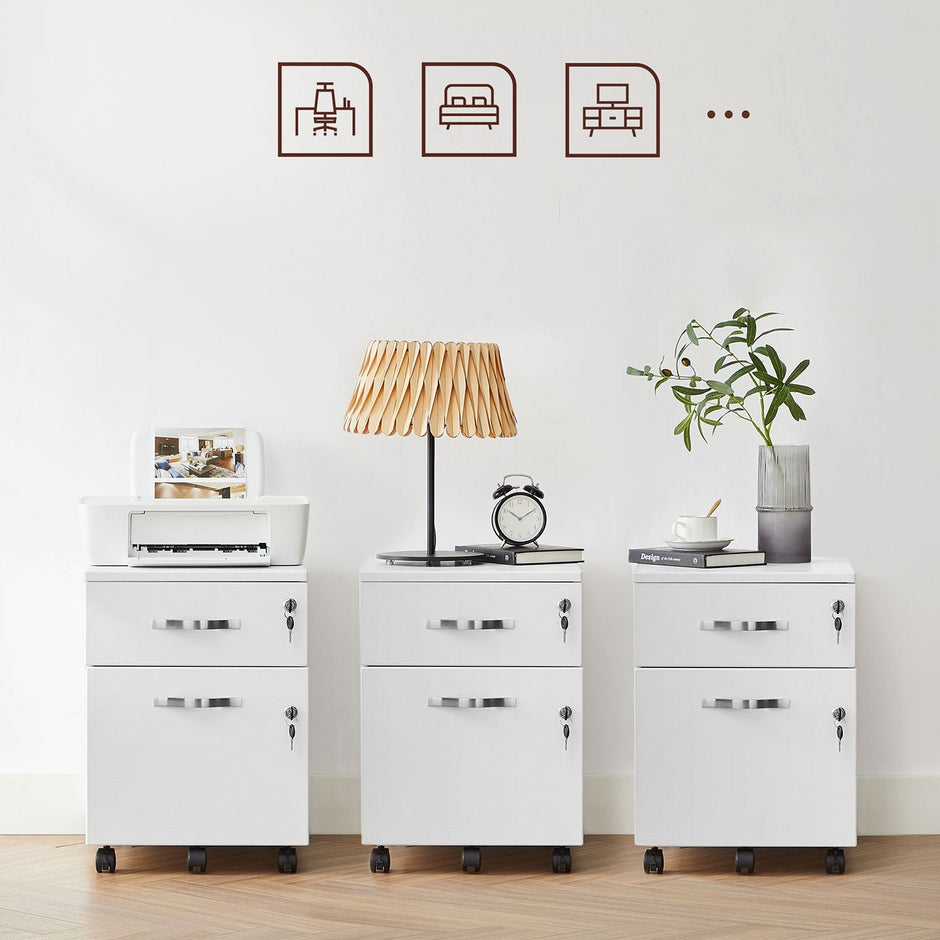 Lockable File Cabinet – Wood – White – 2 Drawers with Wheels and Adjustable Hanging Rails