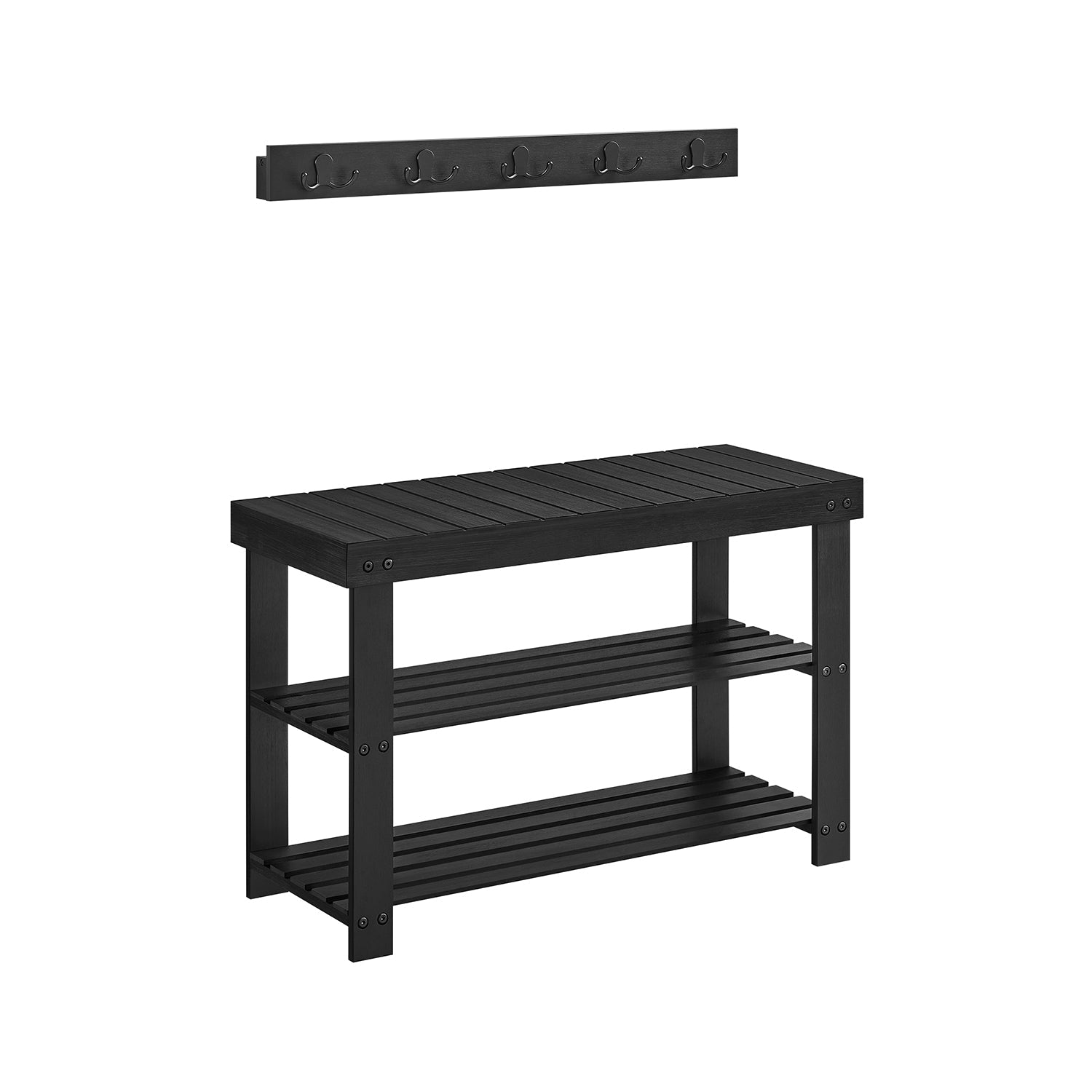 Coat Rack and Shoe Bench Set – Bamboo and Metal – Ink Black – Multifunctional with 5 Hooks and 3-Tier Storage