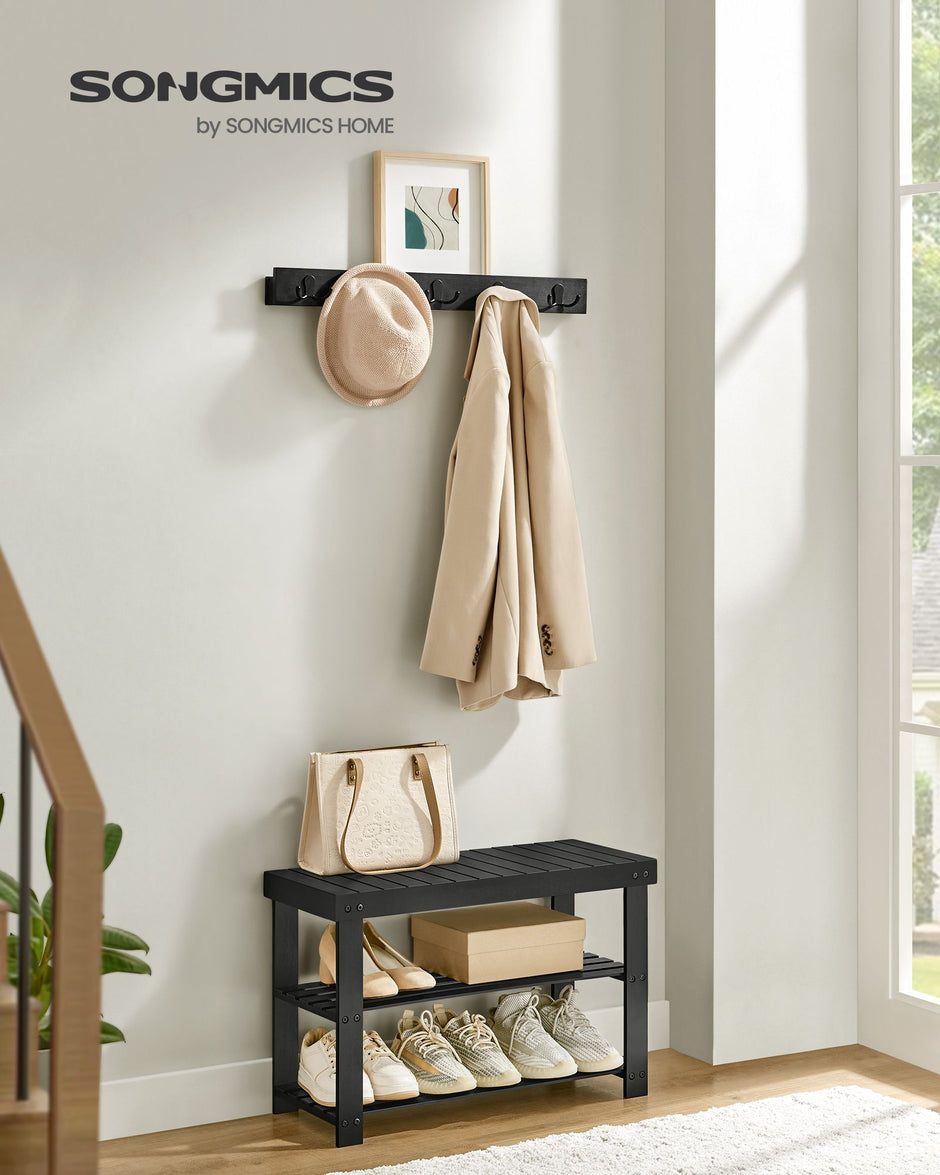 Coat Rack and Shoe Bench Set – Bamboo and Metal – Ink Black – Multifunctional with 5 Hooks and 3-Tier Storage