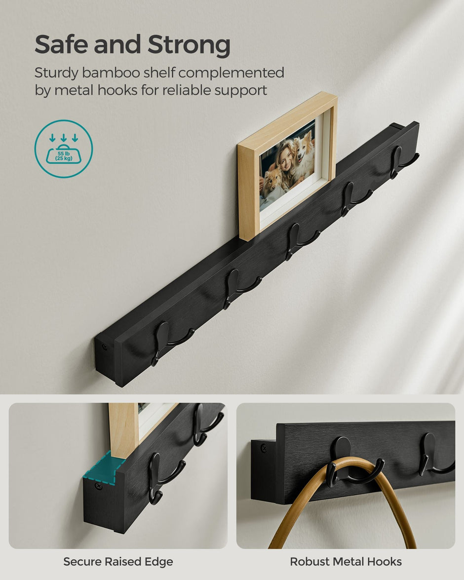 Coat Rack and Shoe Bench Set – Bamboo and Metal – Ink Black – Multifunctional with 5 Hooks and 3-Tier Storage