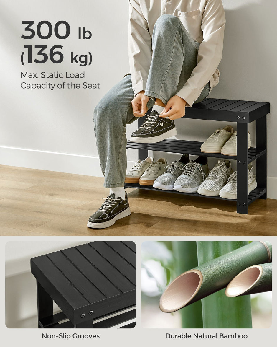 Coat Rack and Shoe Bench Set – Bamboo and Metal – Ink Black – Multifunctional with 5 Hooks and 3-Tier Storage