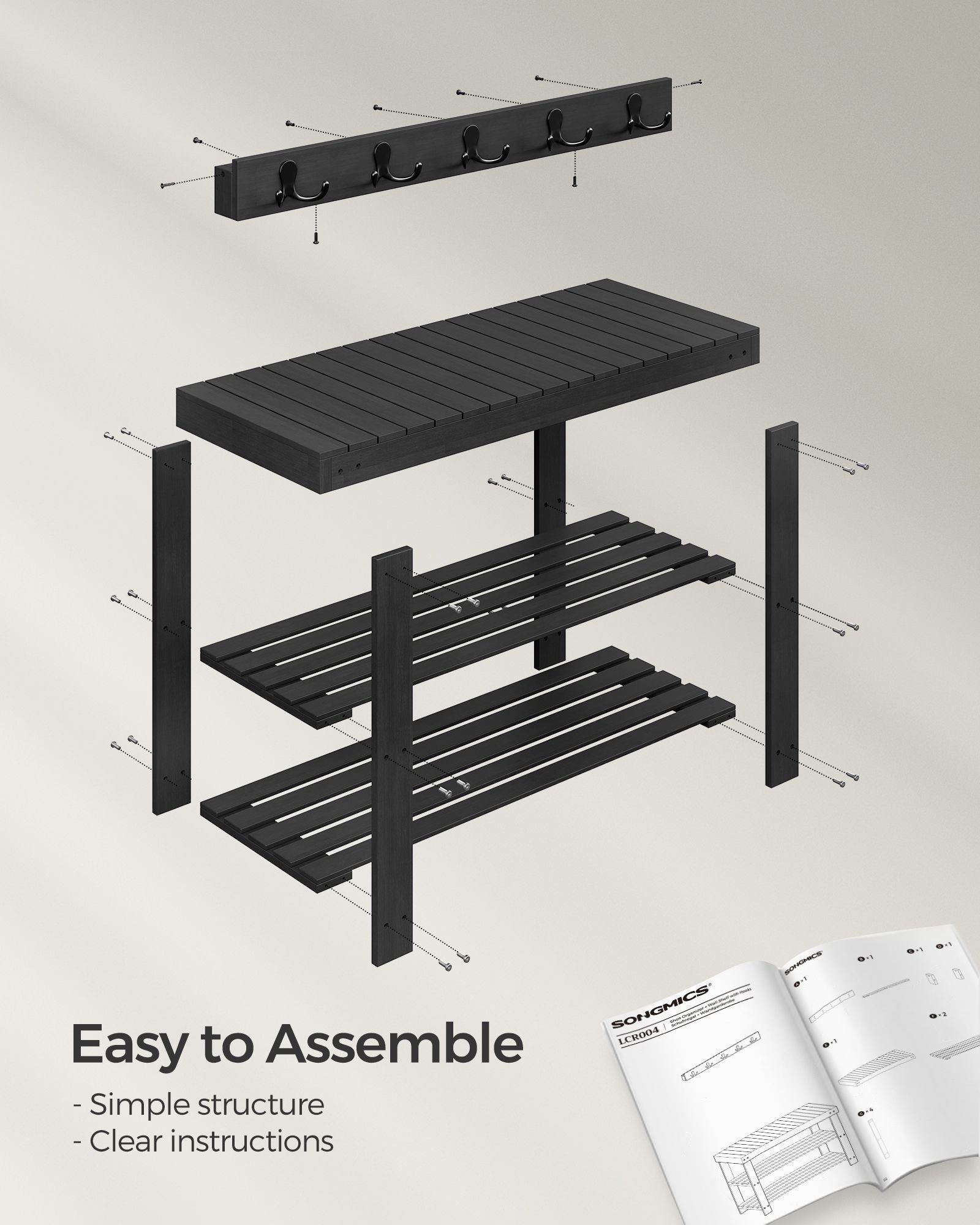 Coat Rack and Shoe Bench Set – Bamboo and Metal – Ink Black – Multifunctional with 5 Hooks and 3-Tier Storage