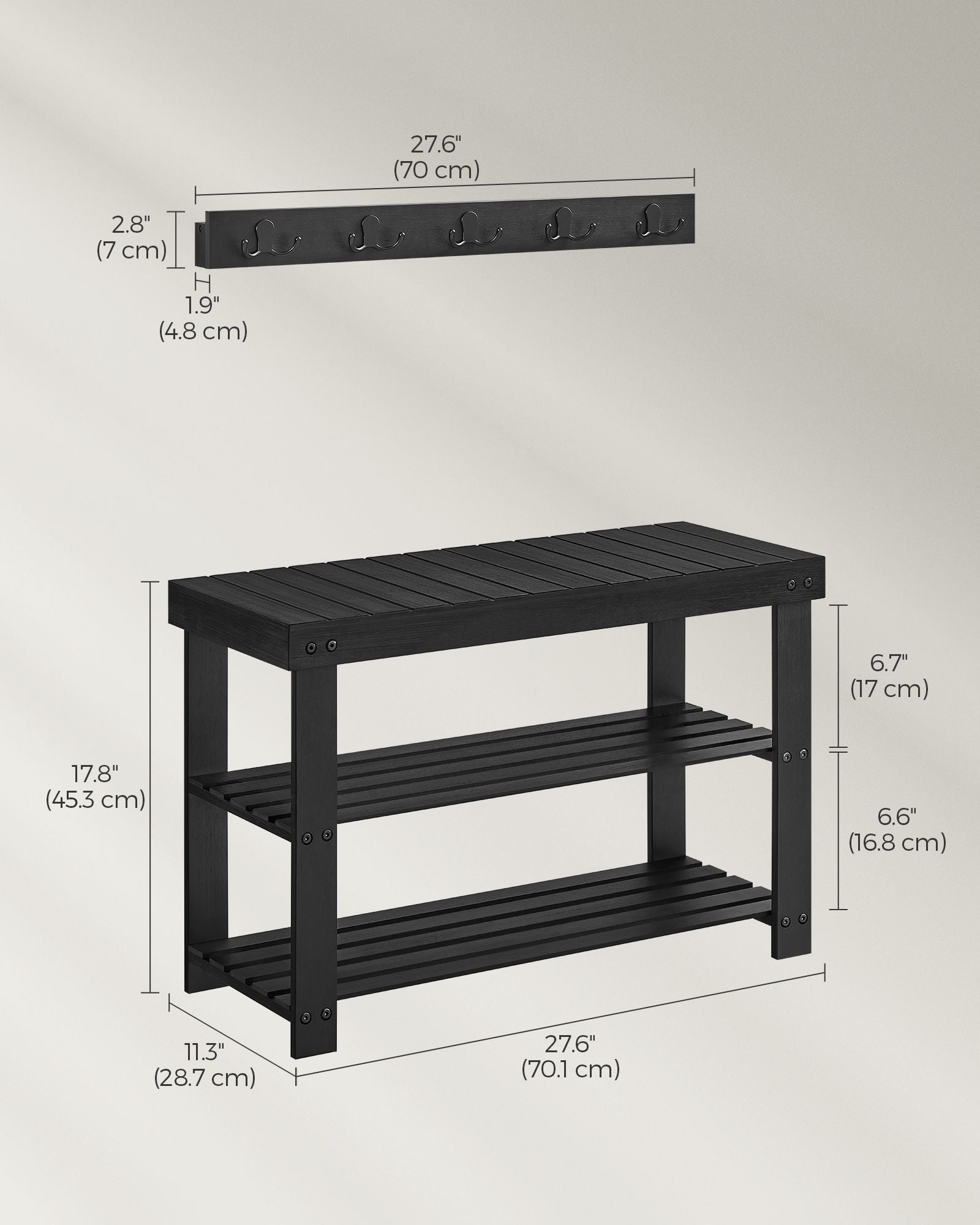Coat Rack and Shoe Bench Set – Bamboo and Metal – Ink Black – Multifunctional with 5 Hooks and 3-Tier Storage