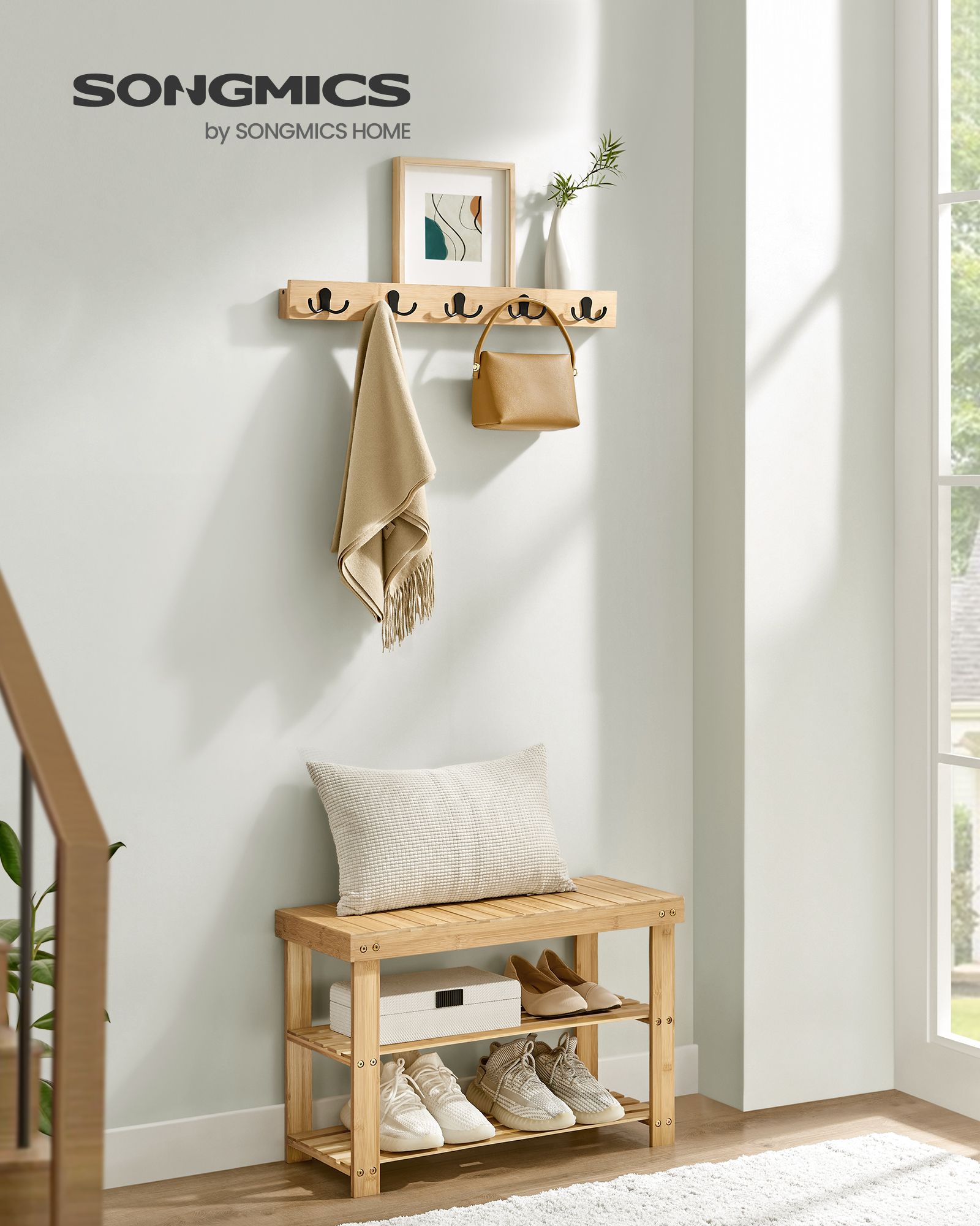 Coat Rack and Shoe Bench Set – Bamboo – Natural Beige – Multifunctional with 5 Double Hooks and 3-Tier Shoe Rack