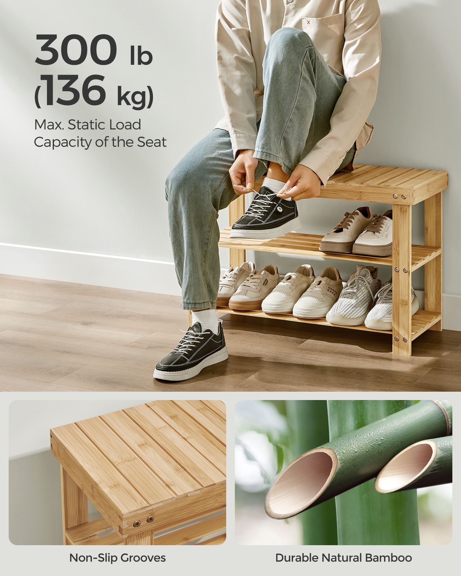 Coat Rack and Shoe Bench Set – Bamboo – Natural Beige – Multifunctional with 5 Double Hooks and 3-Tier Shoe Rack