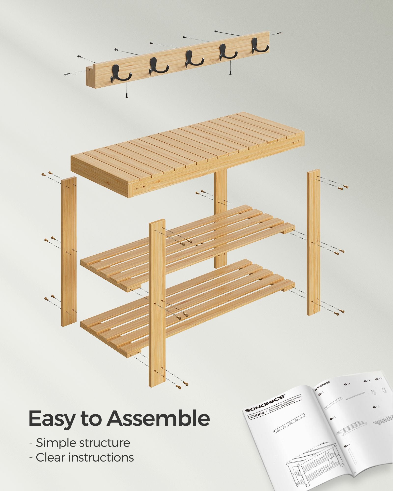 Coat Rack and Shoe Bench Set – Bamboo – Natural Beige – Multifunctional with 5 Double Hooks and 3-Tier Shoe Rack