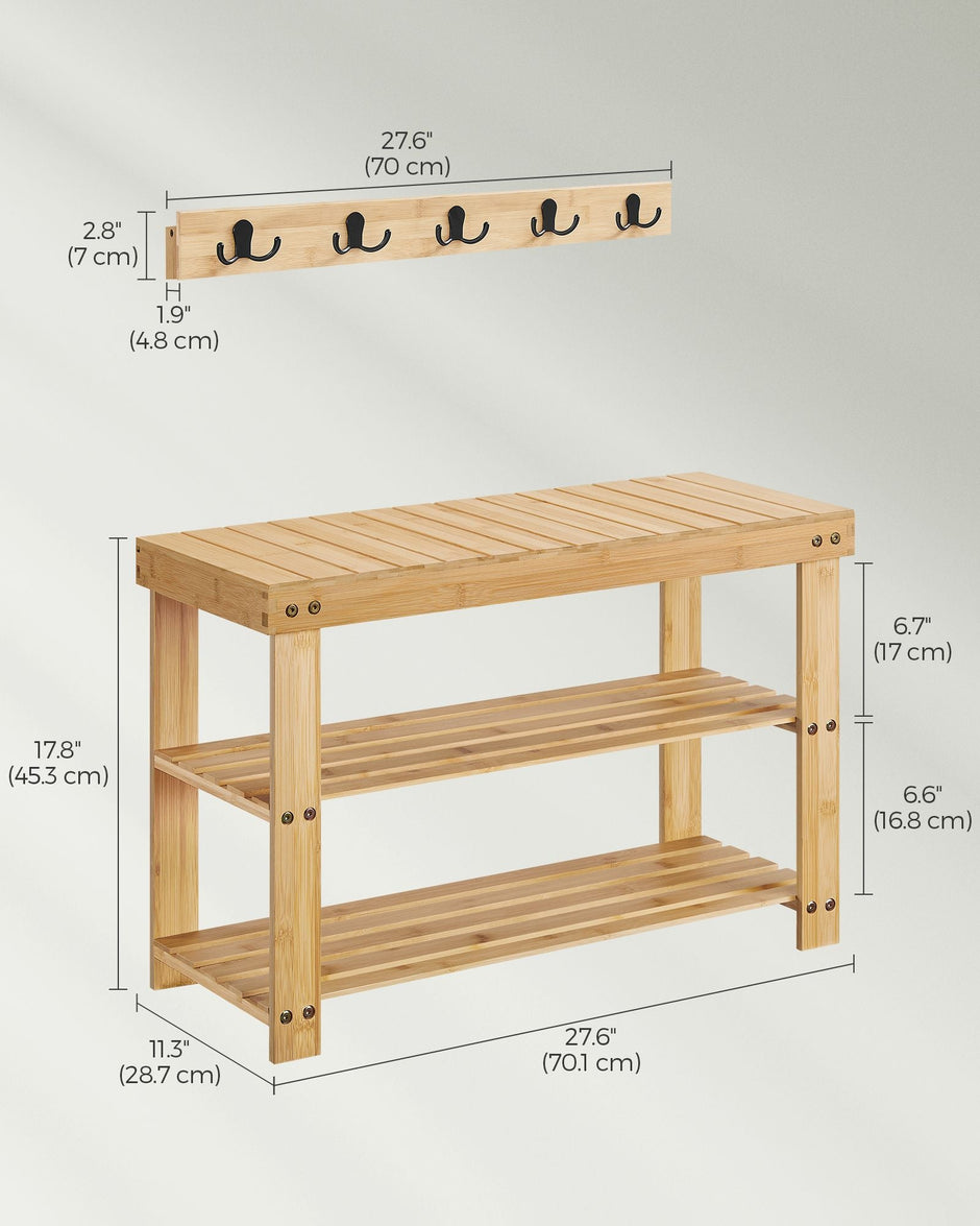 Coat Rack and Shoe Bench Set – Bamboo – Natural Beige – Multifunctional with 5 Double Hooks and 3-Tier Shoe Rack