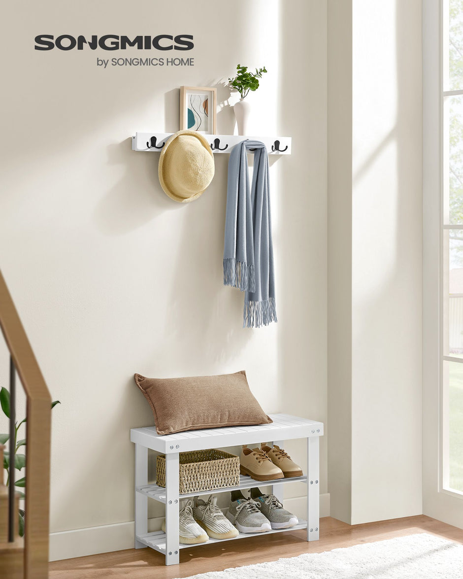 Coat Rack and Shoe Bench Set – Bamboo – Cloud White – Multifunctional with 5 Double Hooks and 3-Tier Storage