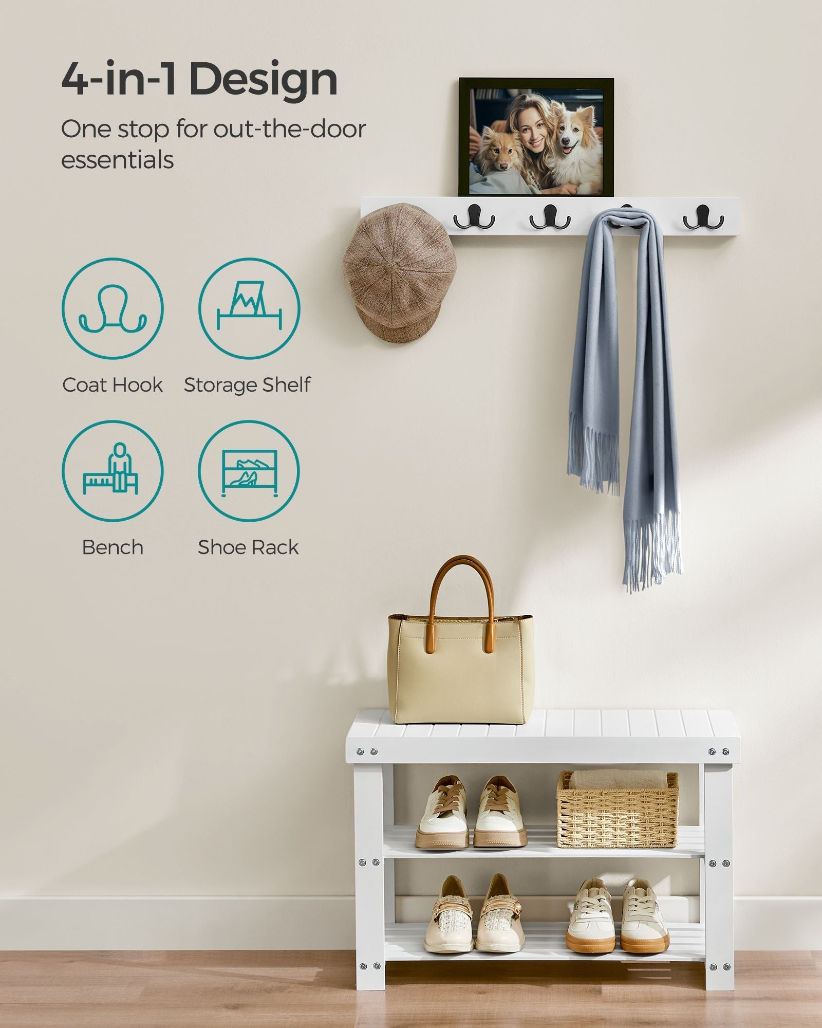 Coat Rack and Shoe Bench Set – Bamboo – Cloud White – Multifunctional with 5 Double Hooks and 3-Tier Storage