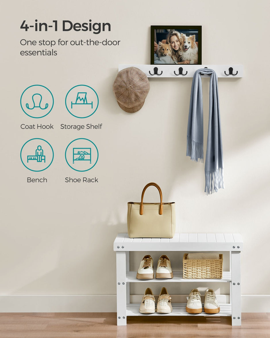 Coat Rack and Shoe Bench Set – Bamboo – Cloud White – Multifunctional with 5 Double Hooks and 3-Tier Storage