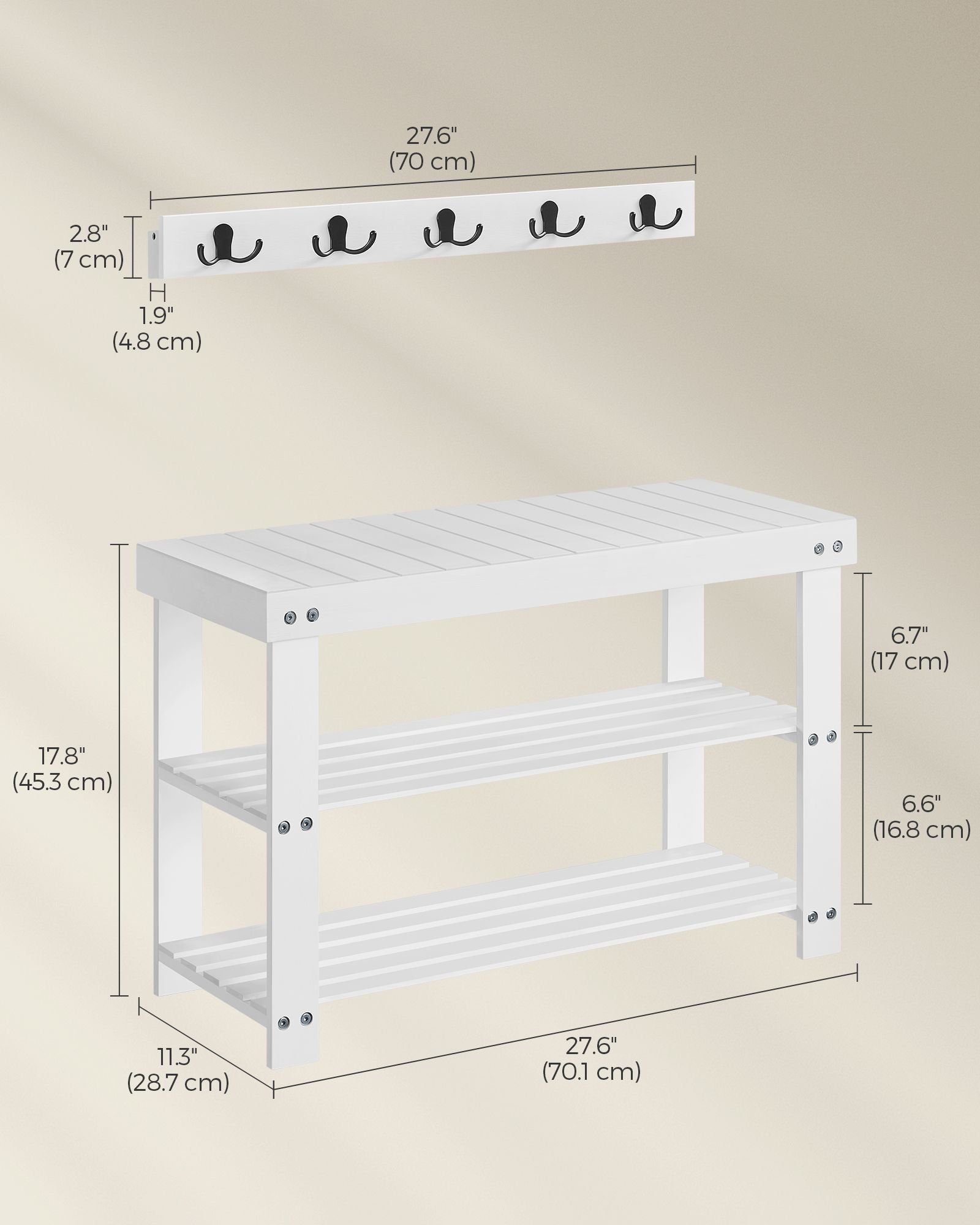 Coat Rack and Shoe Bench Set – Bamboo – Cloud White – Multifunctional with 5 Double Hooks and 3-Tier Storage