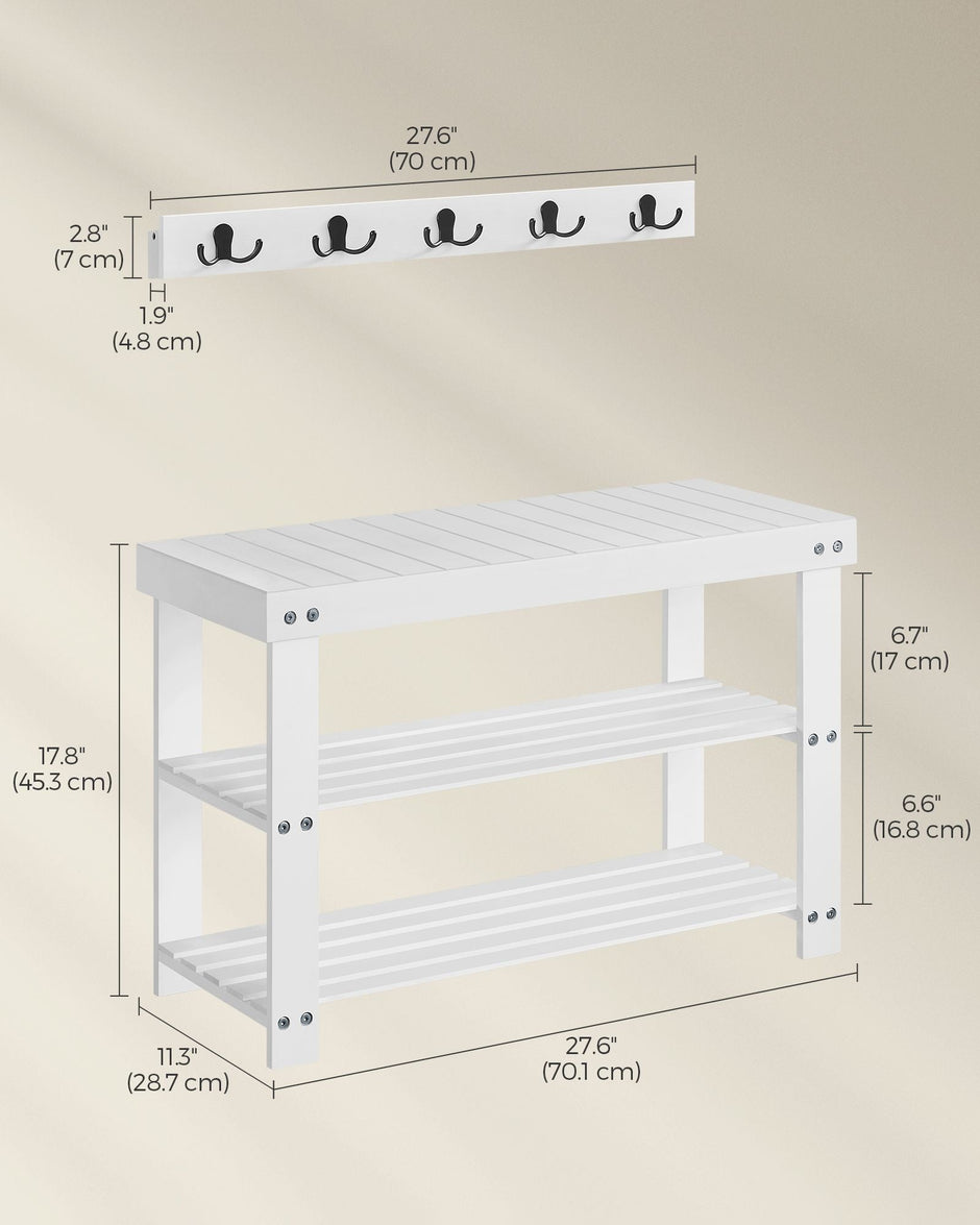 Coat Rack and Shoe Bench Set – Bamboo – Cloud White – Multifunctional with 5 Double Hooks and 3-Tier Storage