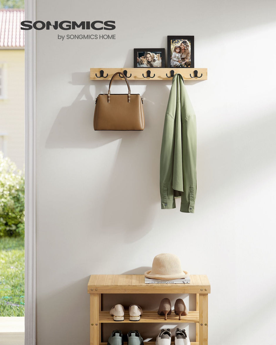 Wall-Mounted Coat Rack – Metal and Wood – Natural Beige – 5 Double Hooks and Shelf, Space-Saving Design