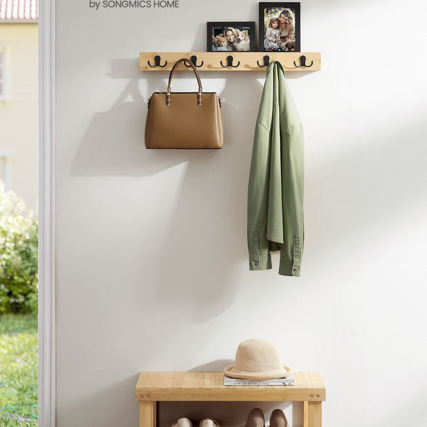 Wall-Mounted Coat Rack – Metal and Wood – Natural Beige – 5 Double Hooks and Shelf, Space-Saving Design