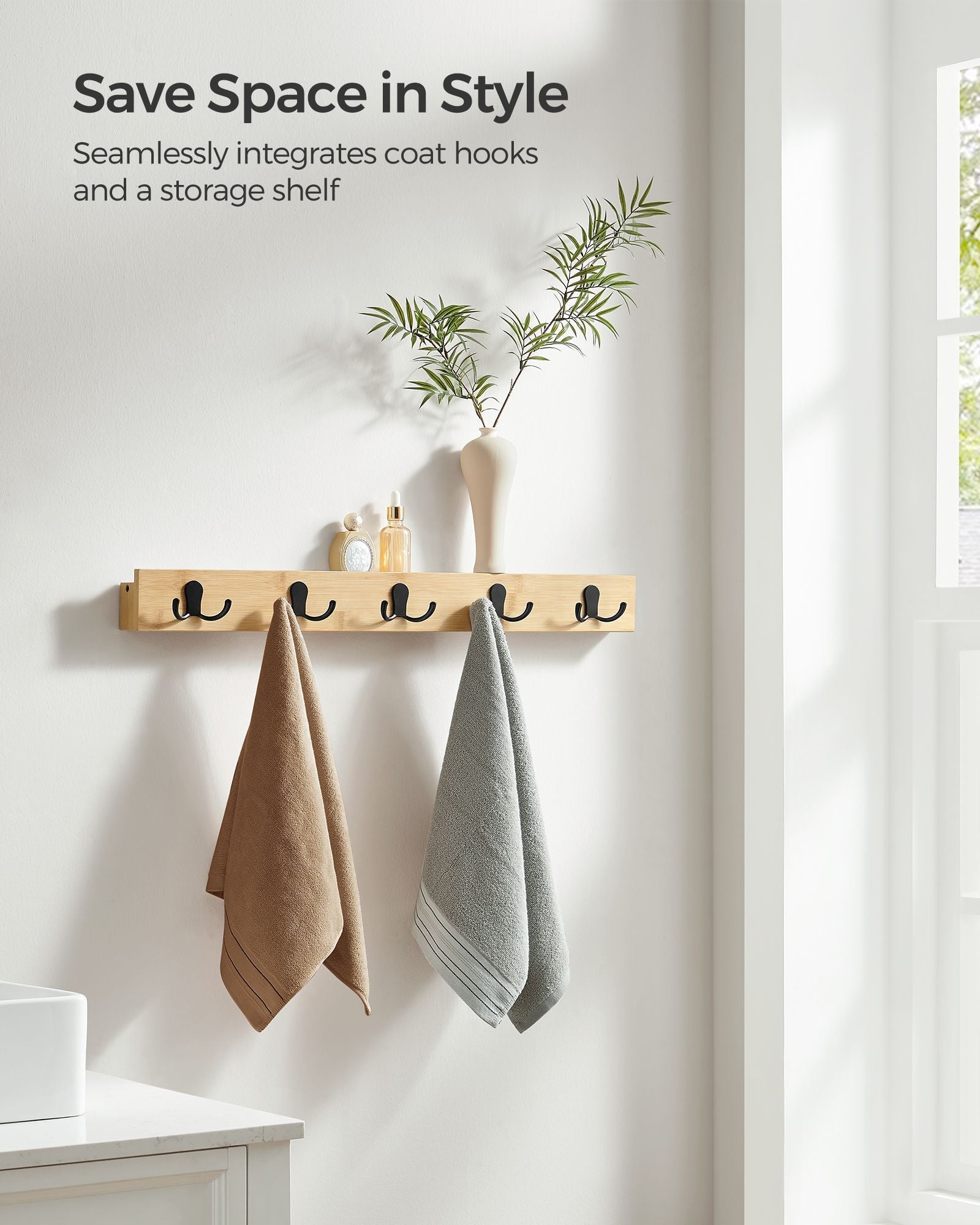 Wall-Mounted Coat Rack – Metal and Wood – Natural Beige – 5 Double Hooks and Shelf, Space-Saving Design