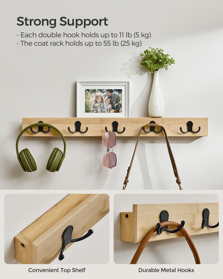 Wall-Mounted Coat Rack – Metal and Wood – Natural Beige – 5 Double Hooks and Shelf, Space-Saving Design