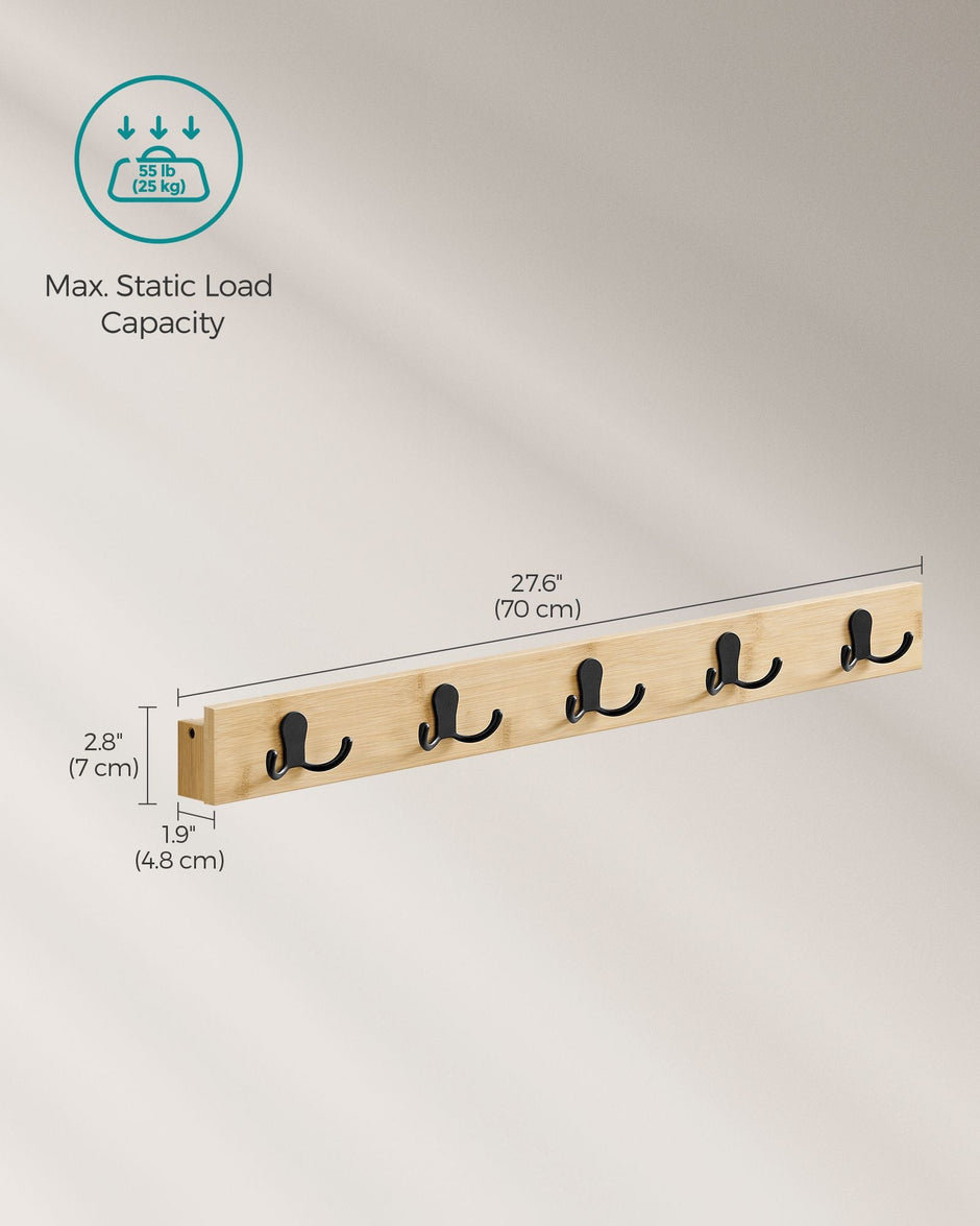 Wall-Mounted Coat Rack – Metal and Wood – Natural Beige – 5 Double Hooks and Shelf, Space-Saving Design