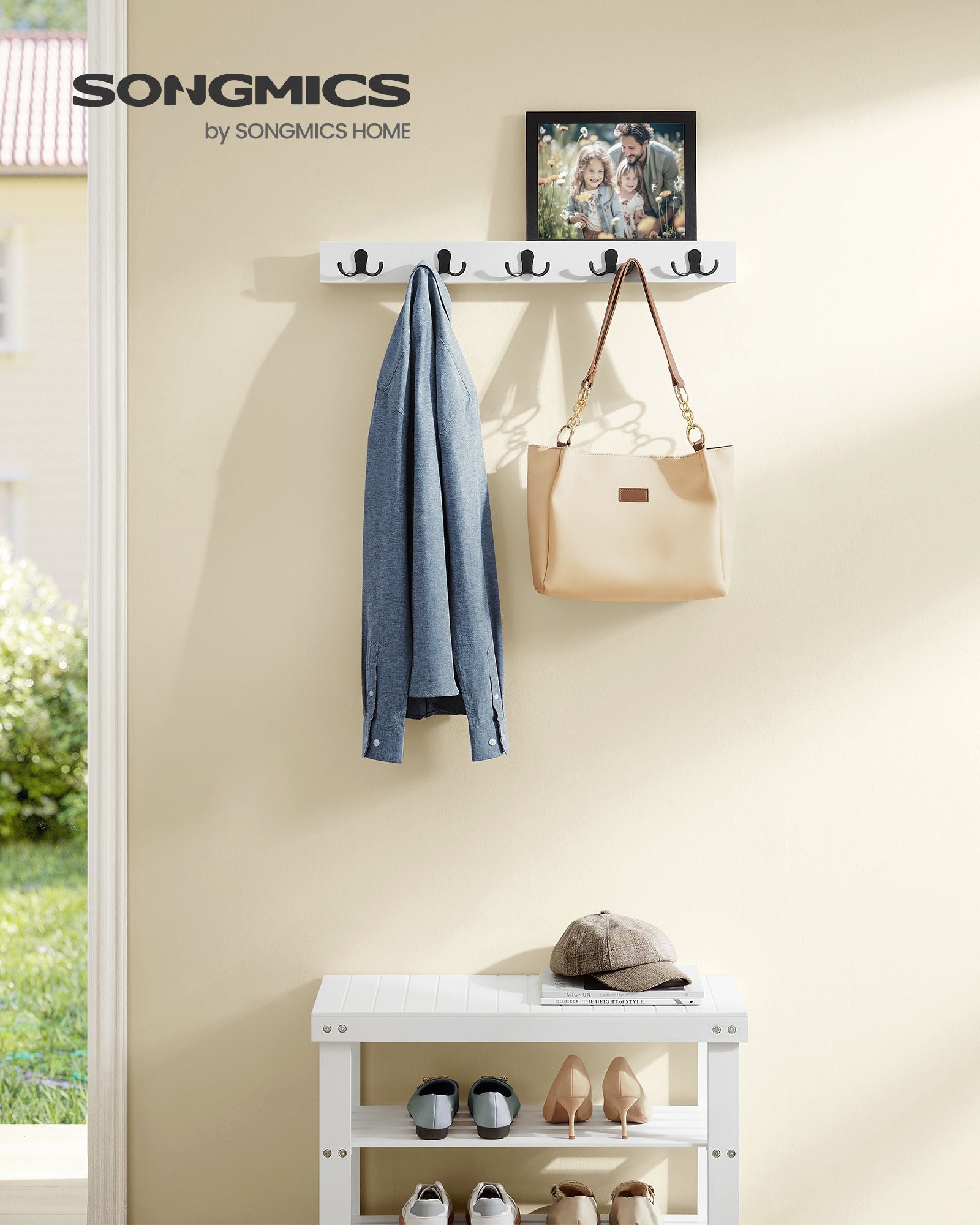 Wall-Mounted Coat Rack – Metal & Wood – Cloud White – 5 Double Hooks with Shelf, Space-Saving Design