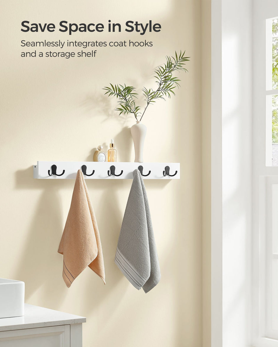 Wall-Mounted Coat Rack – Metal & Wood – Cloud White – 5 Double Hooks with Shelf, Space-Saving Design