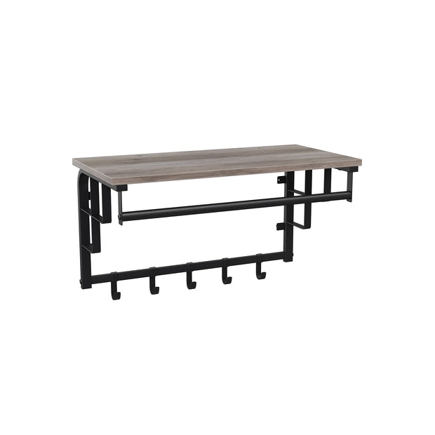 Wall-Mounted Coat Rack – Metal and Wood – Greige and Black – Industrial Design with Storage Shelf and 5 Hooks