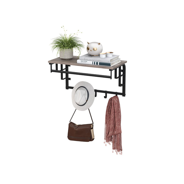 Wall-Mounted Coat Rack – Metal and Wood – Greige and Black – Industrial Design with Storage Shelf and 5 Hooks