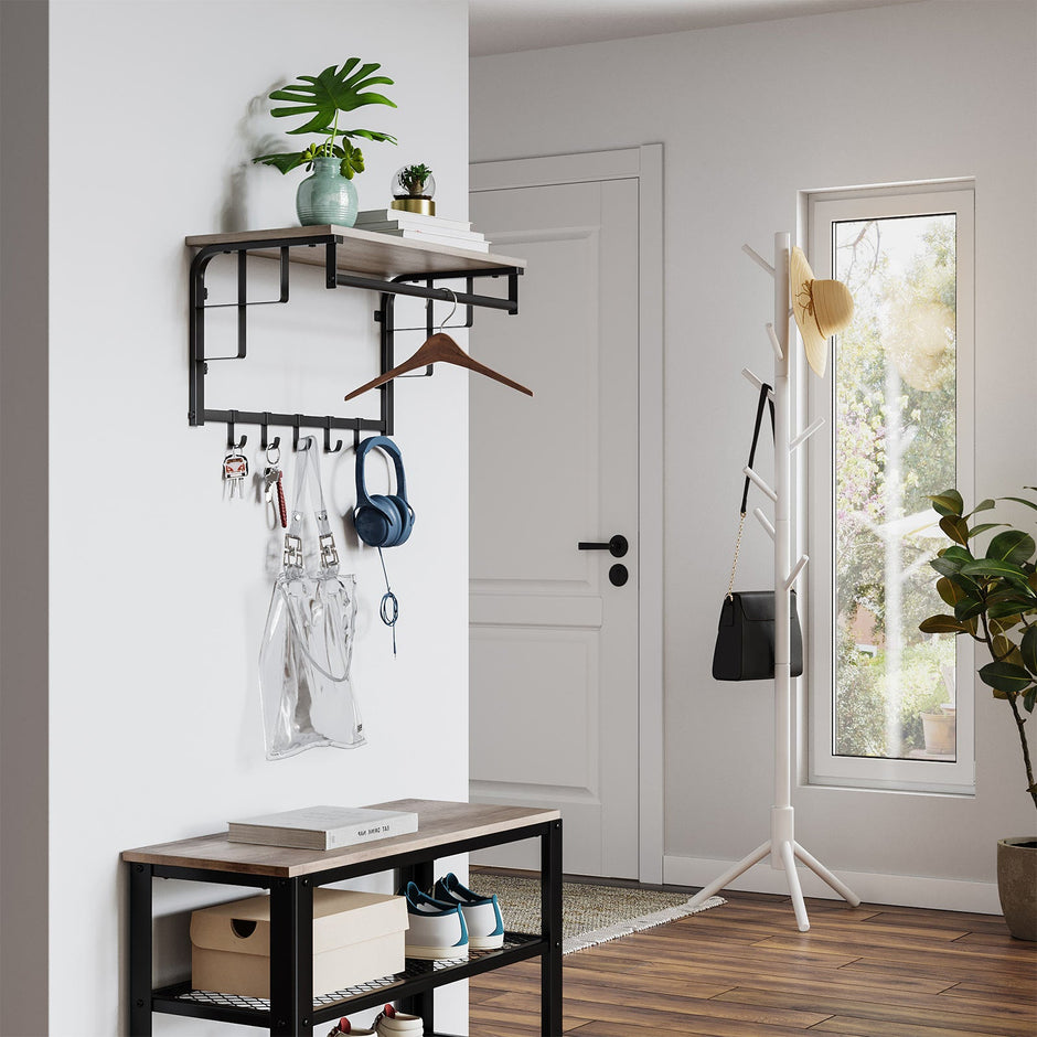 Wall-Mounted Coat Rack – Metal and Wood – Greige and Black – Industrial Design with Storage Shelf and 5 Hooks