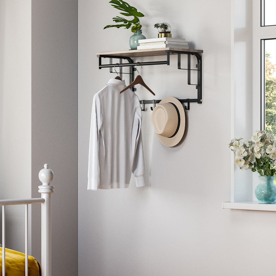 Wall-Mounted Coat Rack – Metal and Wood – Greige and Black – Industrial Design with Storage Shelf and 5 Hooks
