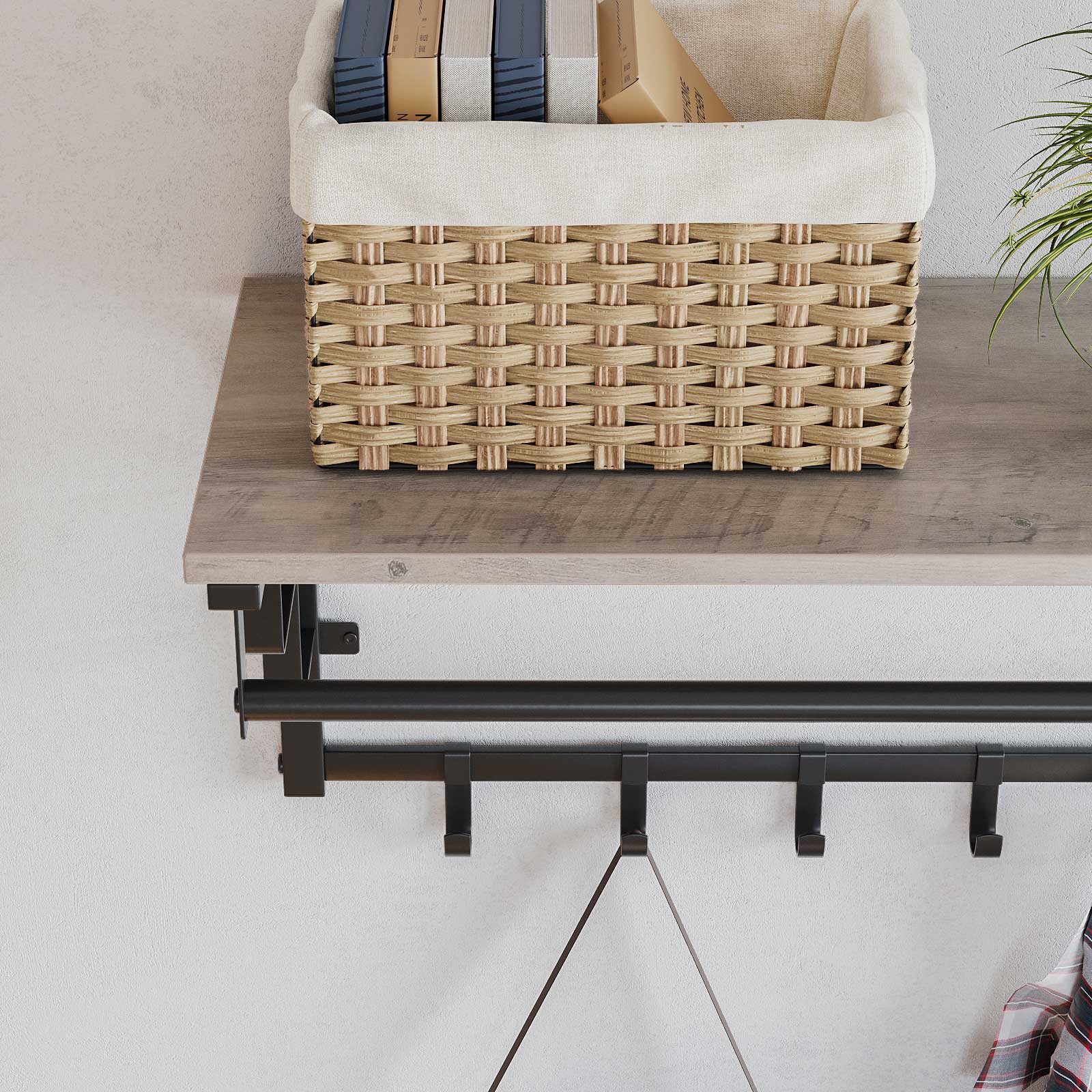 Wall-Mounted Coat Rack – Metal and Wood – Greige and Black – Industrial Design with Storage Shelf and 5 Hooks