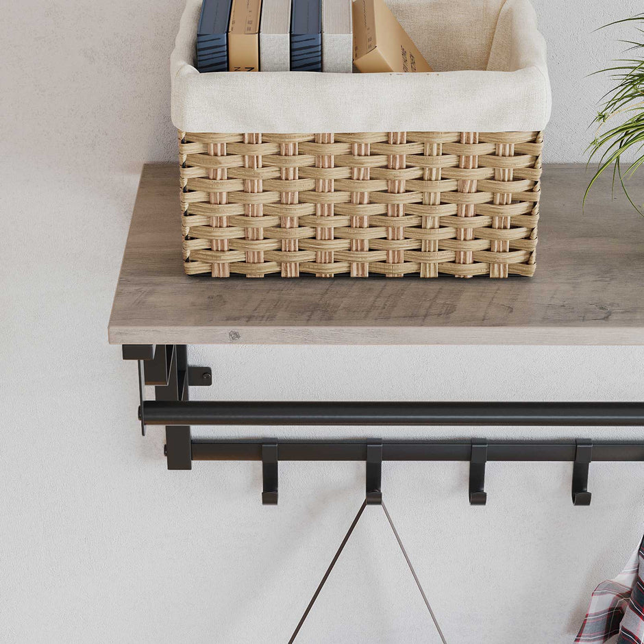 Wall-Mounted Coat Rack – Metal and Wood – Greige and Black – Industrial Design with Storage Shelf and 5 Hooks